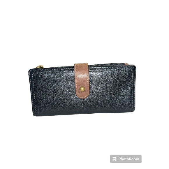 Fossil Handbags - Fossil Leather Wallet Black Brown Clutch Pouch Card Organizer Pebble Bifold